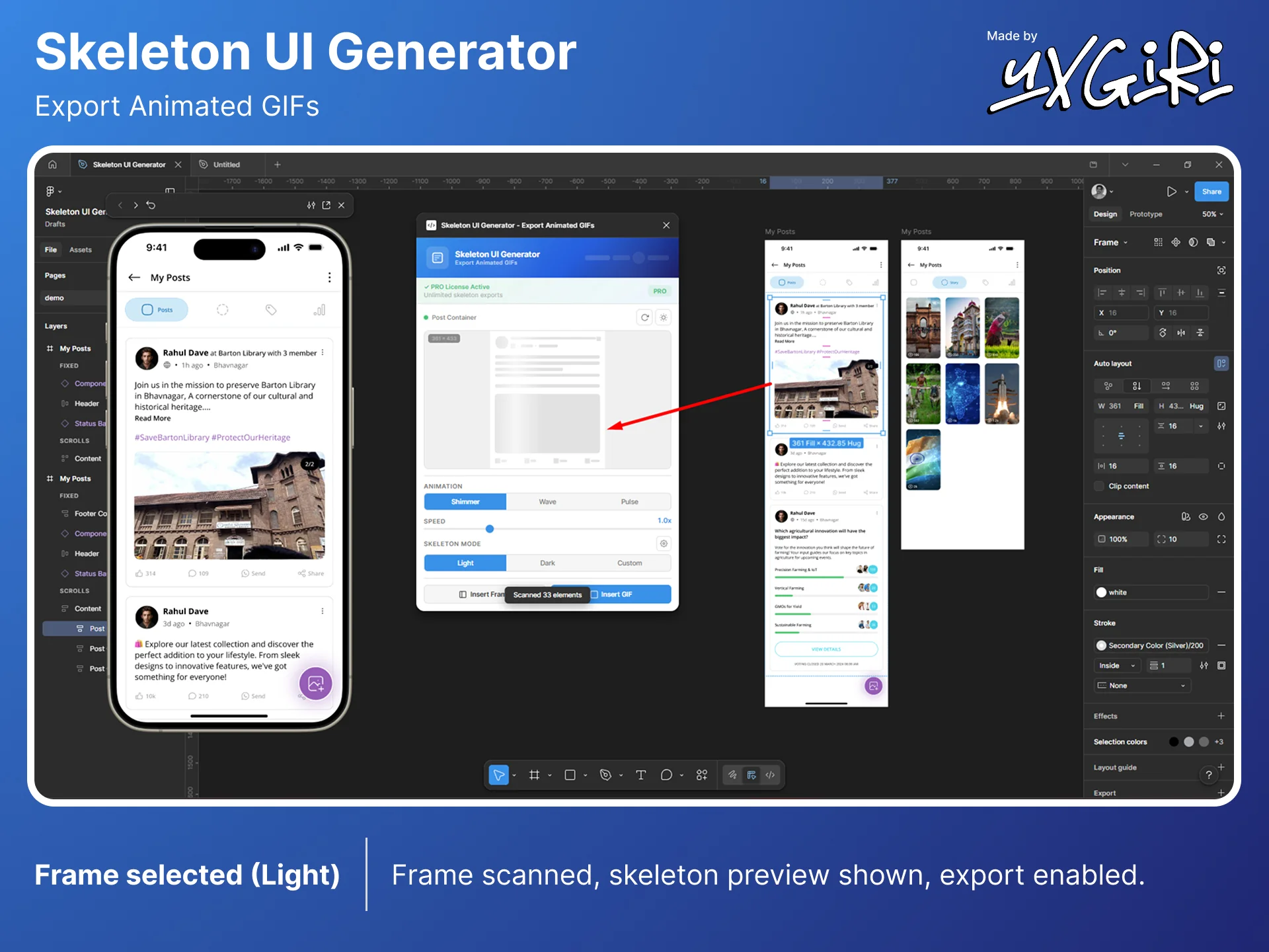 Frame selected with light skeleton